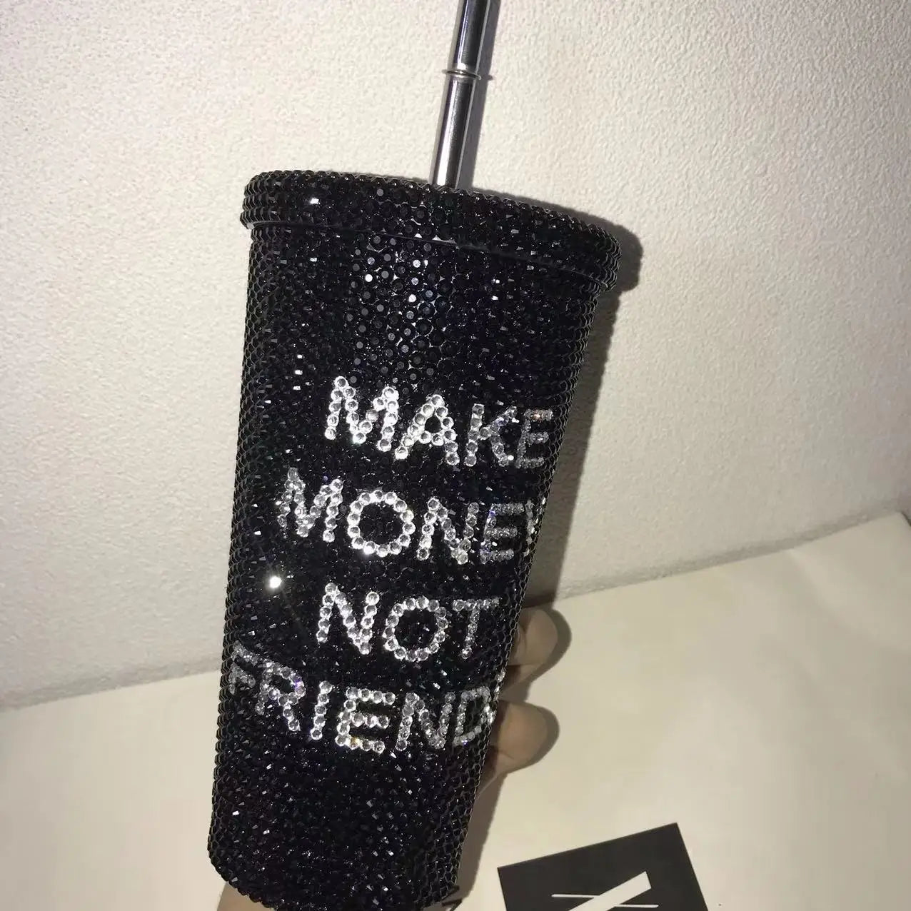 "Make Money Not Friends" Rhinestone Tumbler – Bling 304 Stainless Steel Straw Cup with Lid