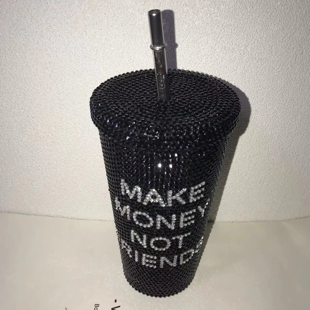 "Make Money Not Friends" Rhinestone Tumbler – Bling 304 Stainless Steel Straw Cup with Lid