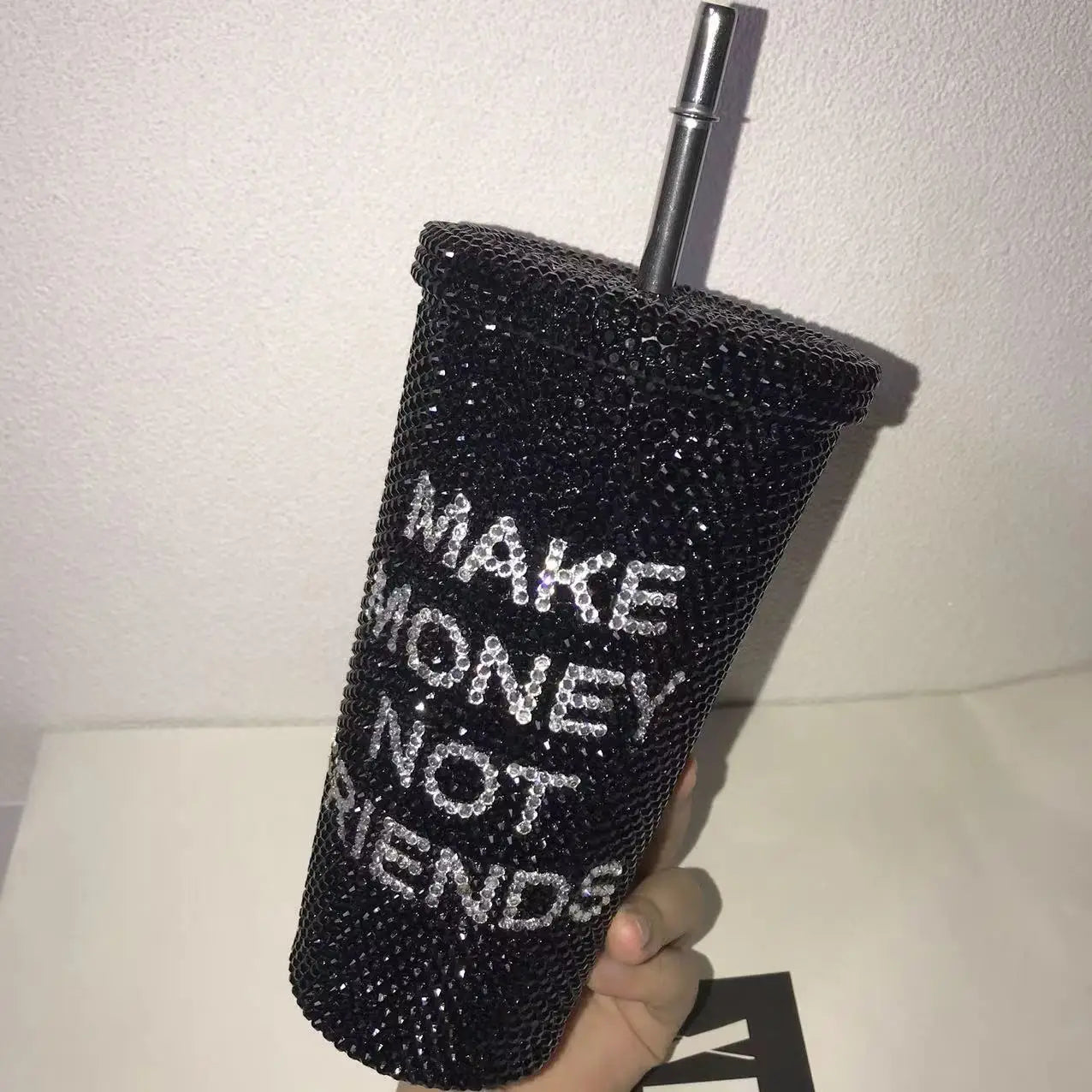 "Make Money Not Friends" Rhinestone Tumbler – Bling 304 Stainless Steel Straw Cup with Lid