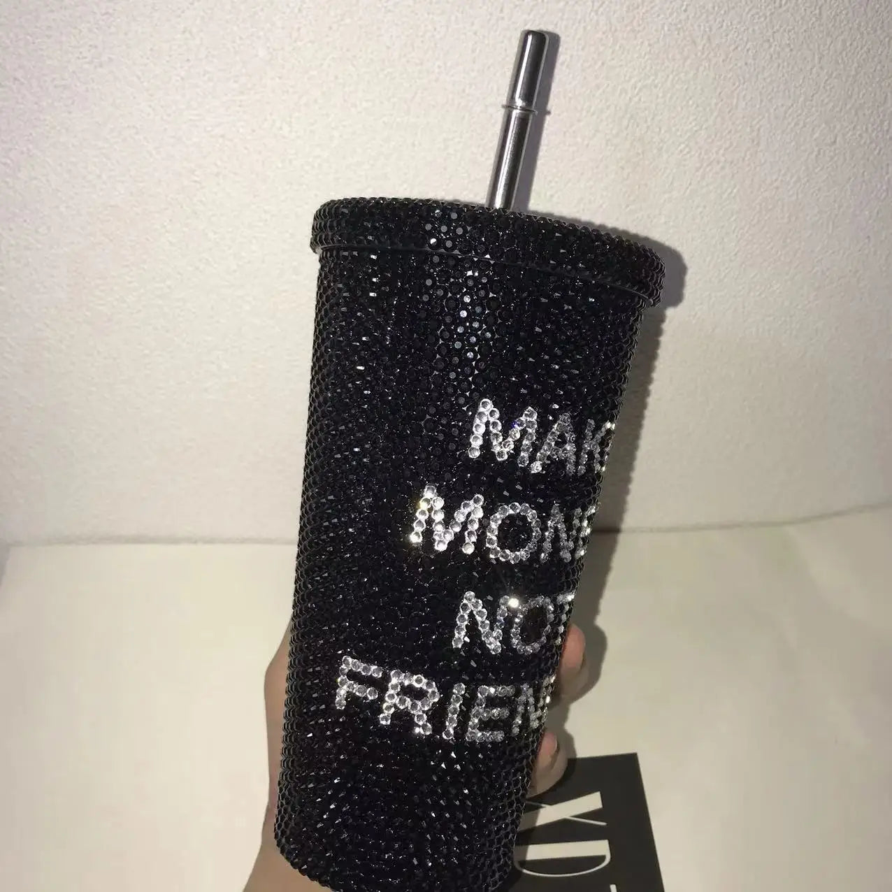 "Make Money Not Friends" Rhinestone Tumbler – Bling 304 Stainless Steel Straw Cup with Lid
