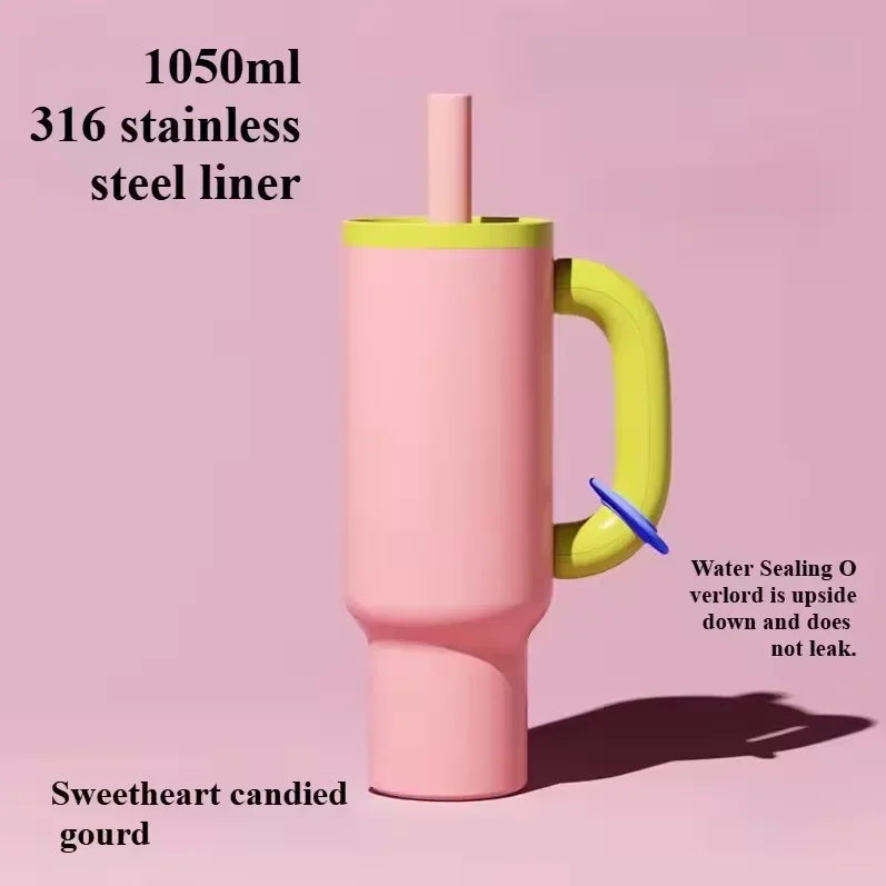 1050MLnsulated Tumbler with Handle Straw Double Wall Vacuum Leakproof Thermal Iced Travel Mug Hot Drink Coffee Cup with Lid