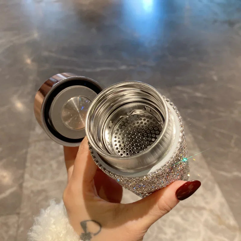Bling Rhinestone Thermos Bottle with Tea Infuser – Crystal Stainless Steel Tumbler for Coffee, Tea, and Gifts