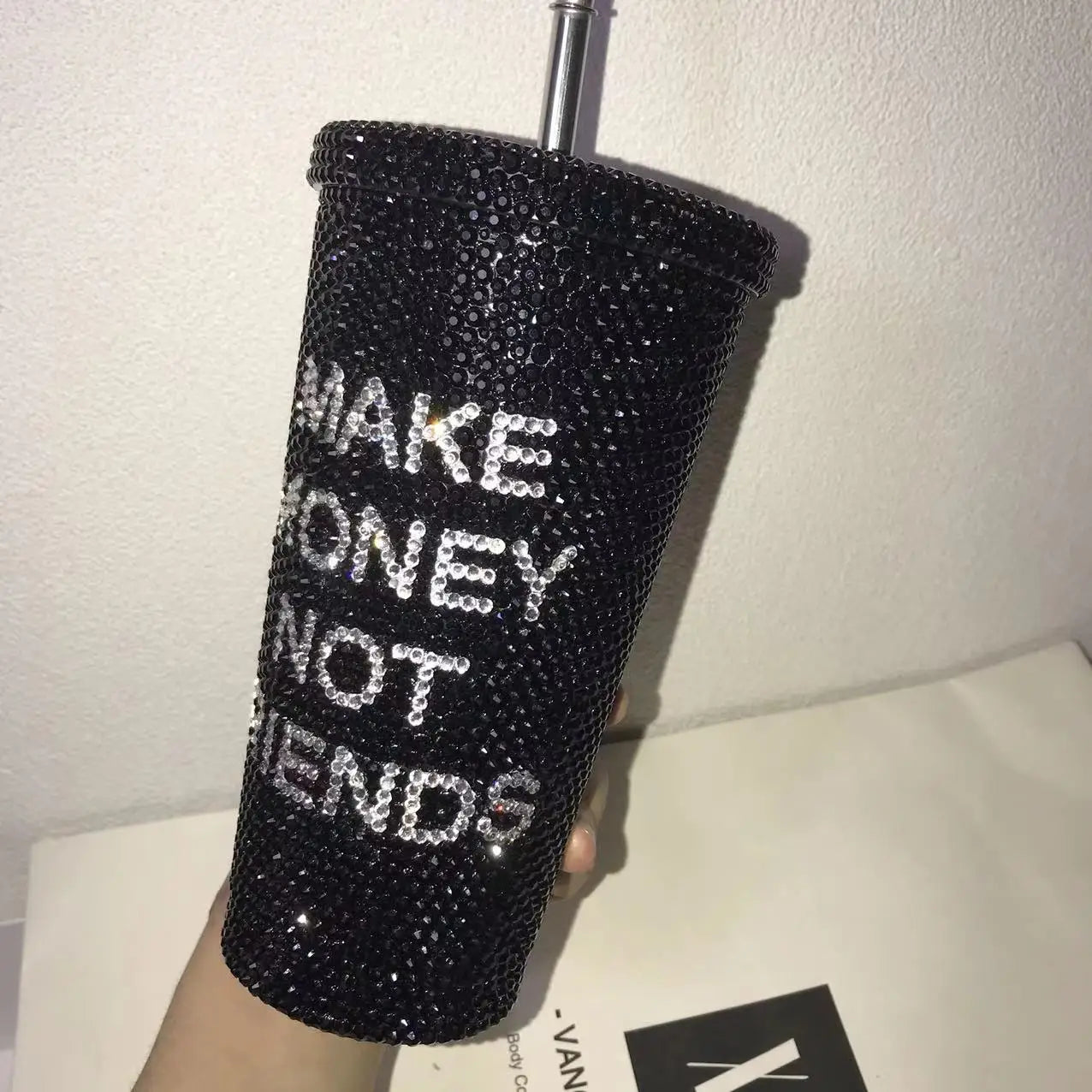 "Make Money Not Friends" Rhinestone Tumbler – Bling 304 Stainless Steel Straw Cup with Lid