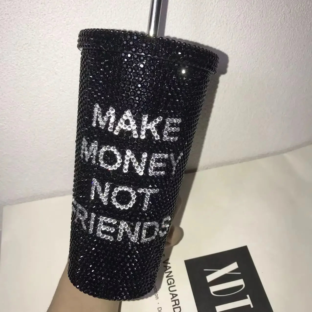 "Make Money Not Friends" Rhinestone Tumbler – Bling 304 Stainless Steel Straw Cup with Lid