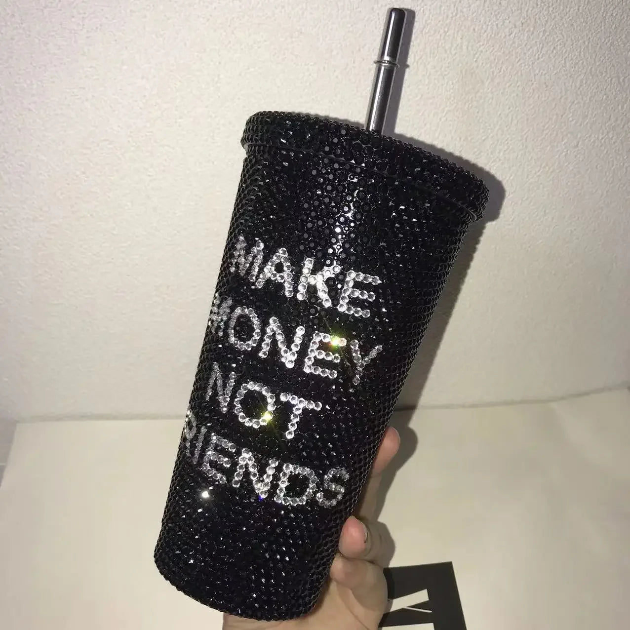 "Make Money Not Friends" Rhinestone Tumbler – Bling 304 Stainless Steel Straw Cup with Lid