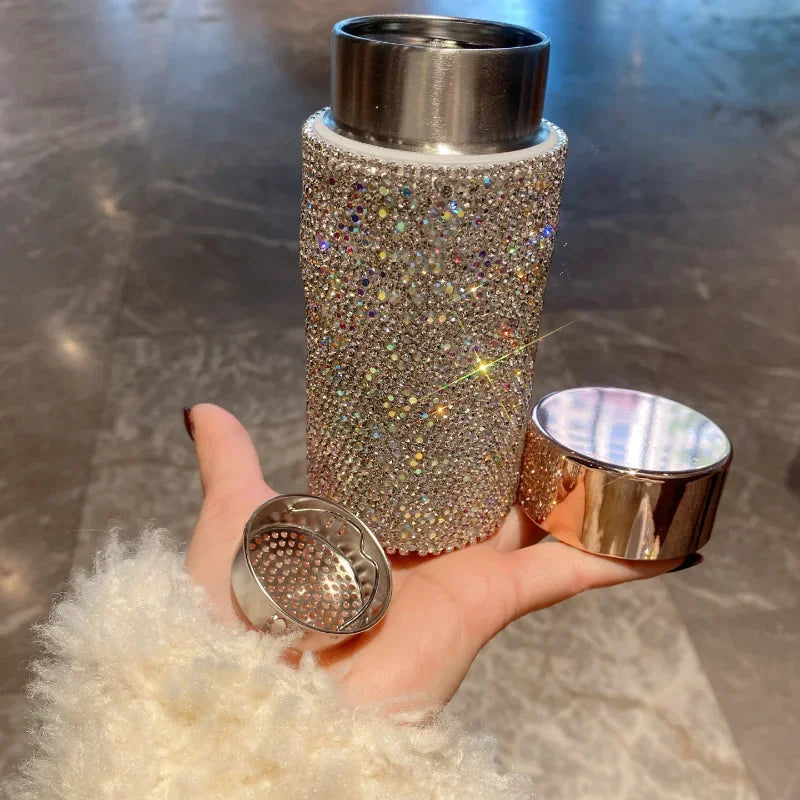 Bling Rhinestone Thermos Bottle with Tea Infuser – Crystal Stainless Steel Tumbler for Coffee, Tea, and Gifts