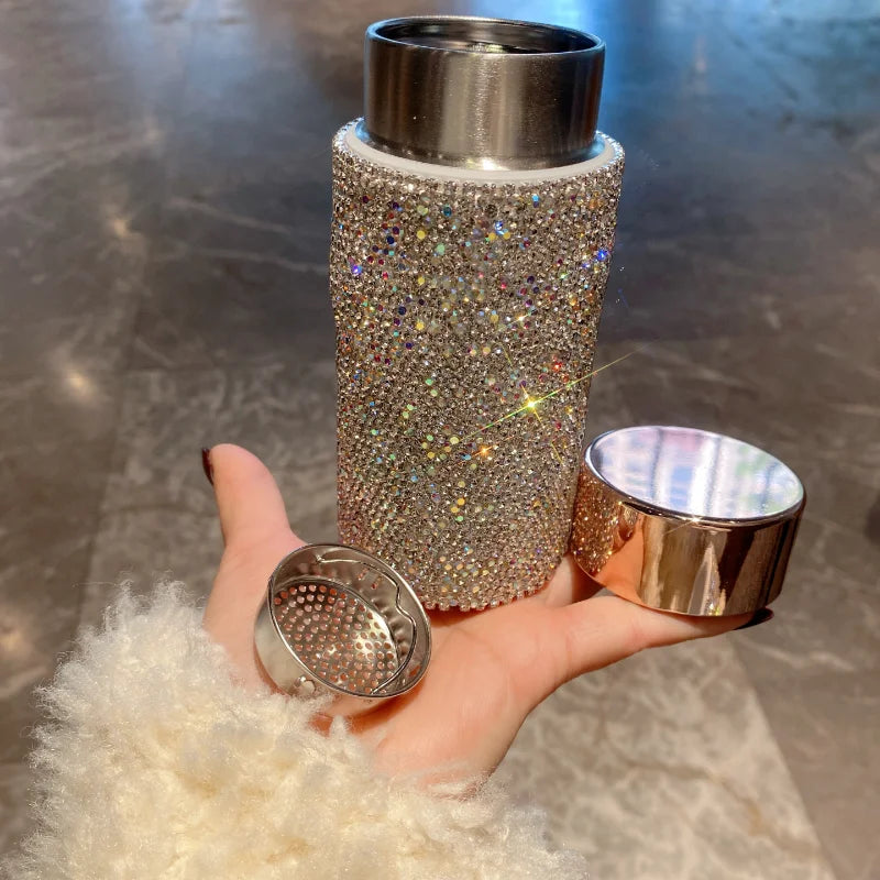 Bling Rhinestone Thermos Bottle with Tea Infuser – Crystal Stainless Steel Tumbler for Coffee, Tea, and Gifts
