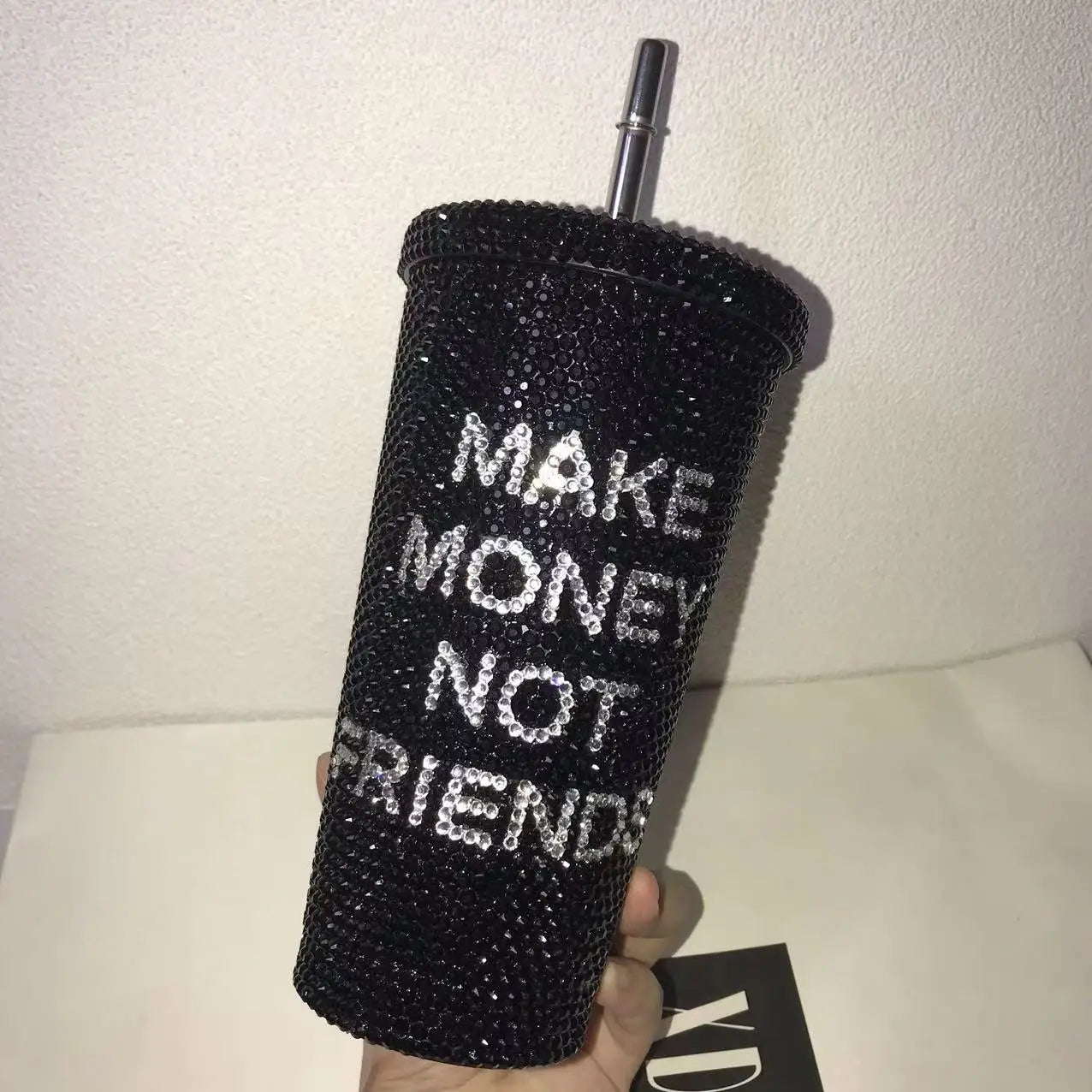 "Make Money Not Friends" Rhinestone Tumbler – Bling 304 Stainless Steel Straw Cup with Lid