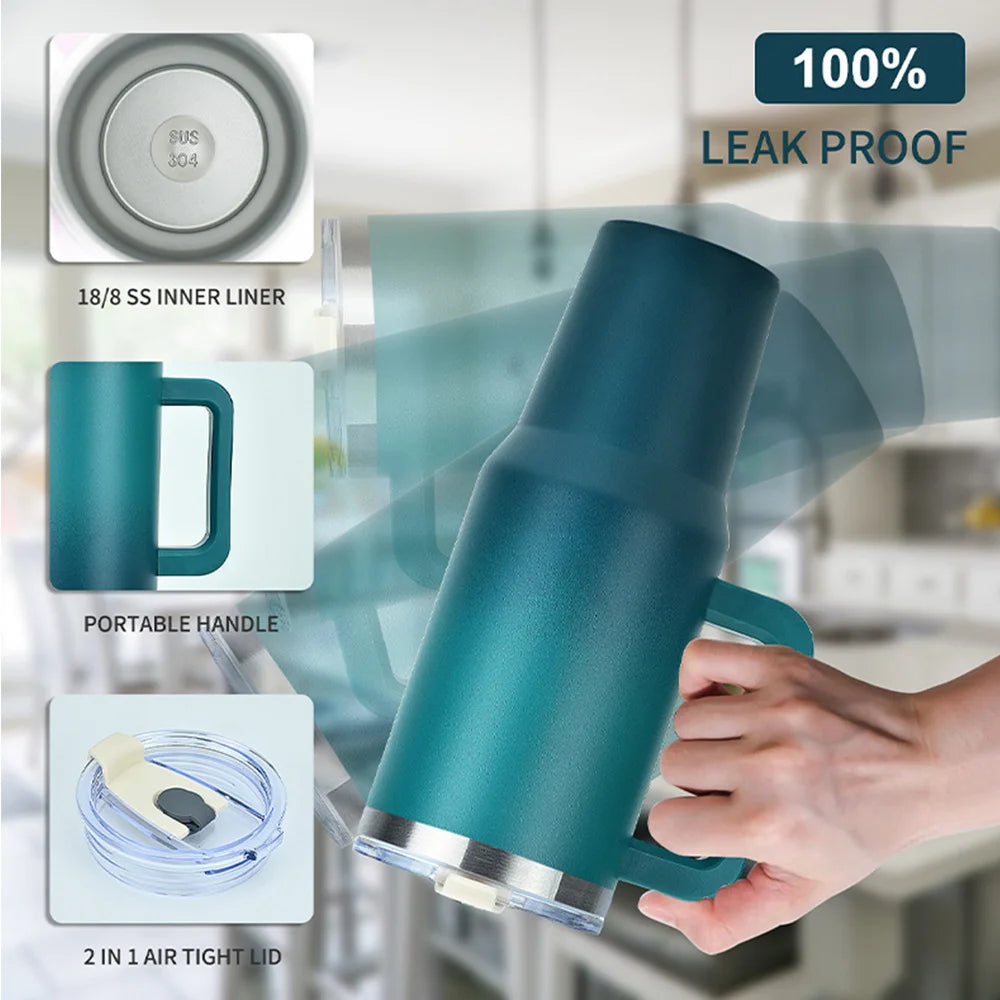 30/40oz Stainless Steel Tumbler with Handle – Double-Wall Insulated Gym Bottle for Hot & Cold Drinks